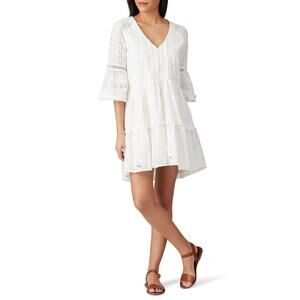 N12H White Cotton Eyelet Pure Peasant Three Quarter Sleeve Poppy Dress XS US 0